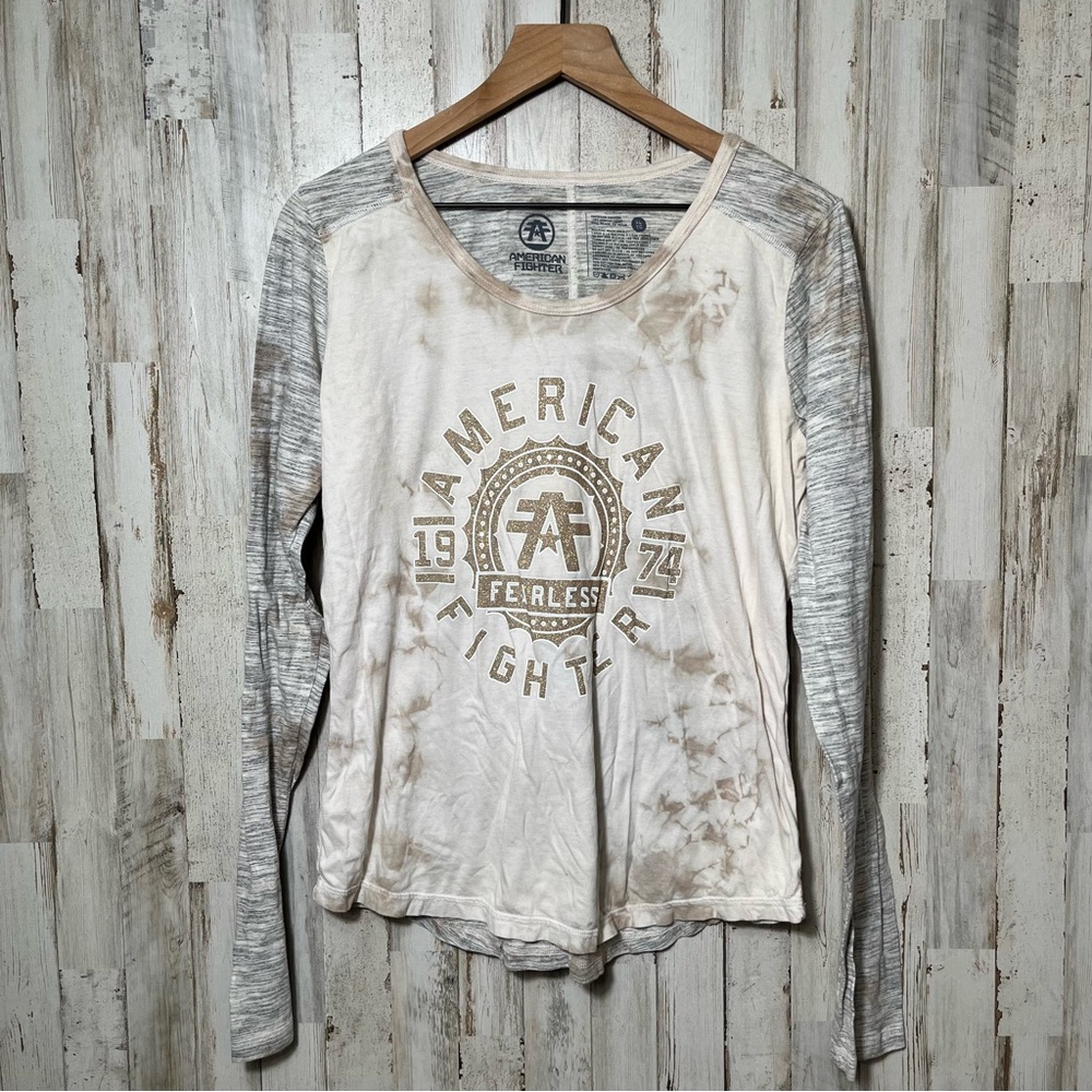 American Fighter Gray White Tie Dye Long Sleeve Shirt New Womens Size XL